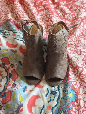 Qupid Taupe Suede Cutout Peep-Toe Ankle Booties